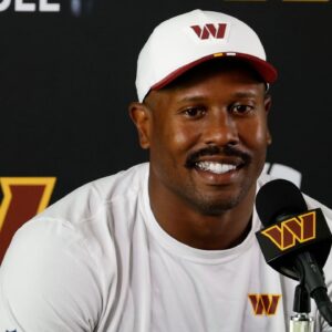 Washington Commanders outside linebacker Von Miller (24) speaks with the media after practice on day two of training camp at OrthoVirginia Training Center at Commanders Park.