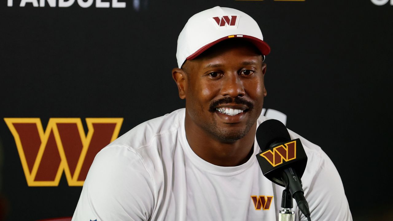 Washington Commanders outside linebacker Von Miller (24) speaks with the media after practice on day two of training camp at OrthoVirginia Training Center at Commanders Park.