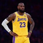 Los Angeles Lakers forward LeBron James (23) reacts during the first half in game five of first round for the 2025 NBA Playoffs at Crypto.com Arena.