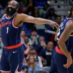Mar 11, 2025; New Orleans, Louisiana, USA; Los Angeles Clippers forward Kawhi Leonard (2) and Los Angeles Clippers guard James Harden (1) react during the second half against the New Orleans Pelicans at Smoothie King Center.