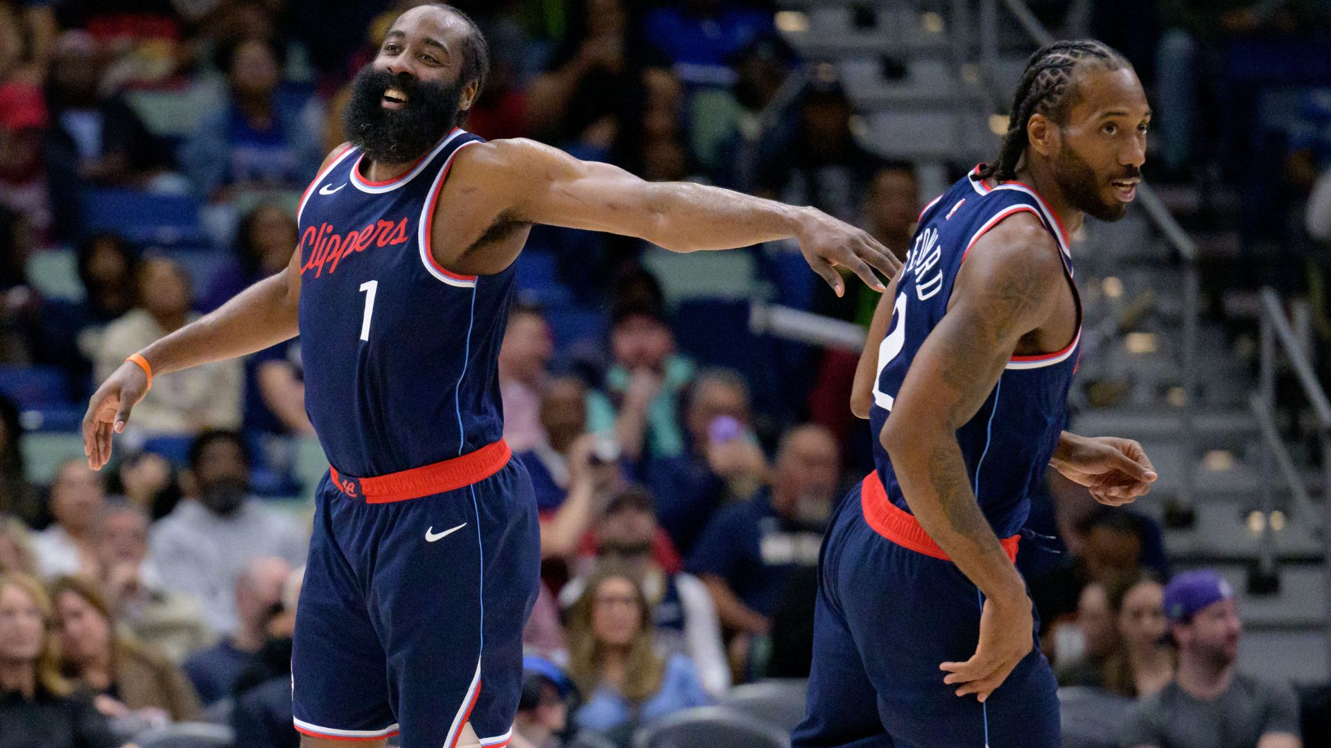 Mar 11, 2025; New Orleans, Louisiana, USA; Los Angeles Clippers forward Kawhi Leonard (2) and Los Angeles Clippers guard James Harden (1) react during the second half against the New Orleans Pelicans at Smoothie King Center.