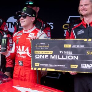 NASCAR Cup Series driver Ty Gibbs (54) wins the in season challenge Sunday, July 27, 2025, after the Brickyard 400 at Indianapolis Motor Speedway.