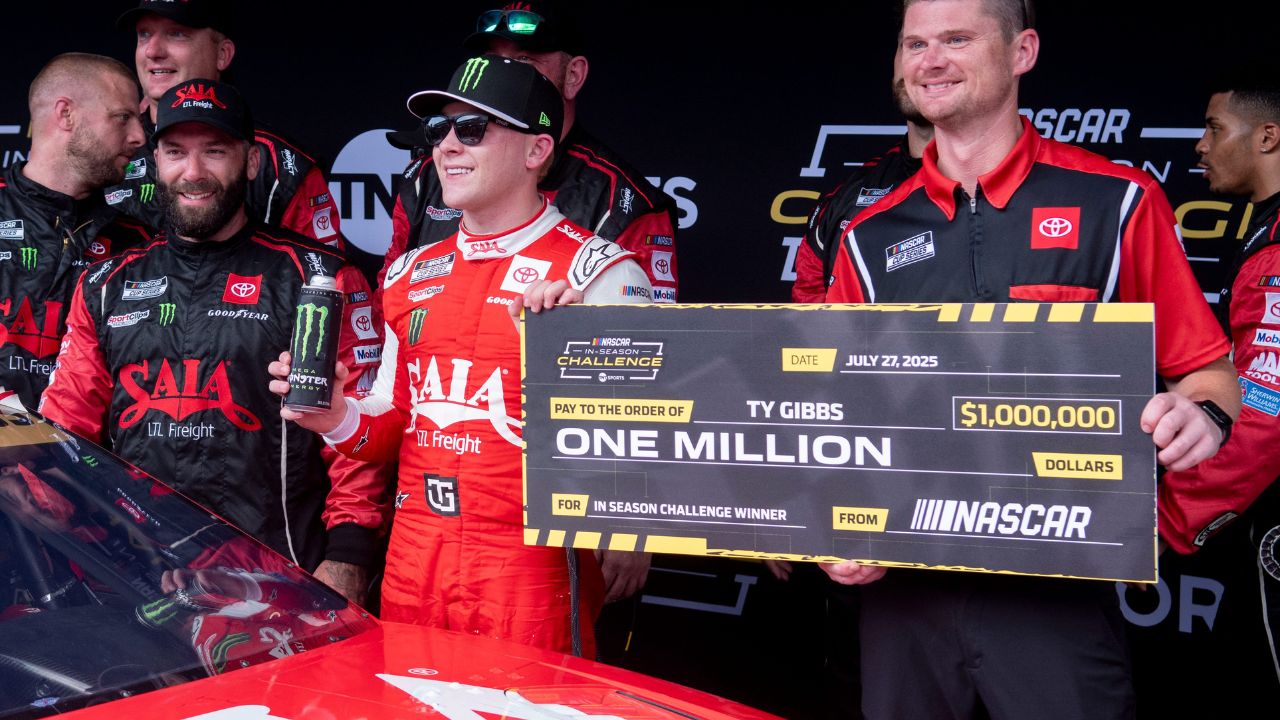 NASCAR Cup Series driver Ty Gibbs (54) wins the in season challenge Sunday, July 27, 2025, after the Brickyard 400 at Indianapolis Motor Speedway.