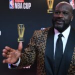 Shaquille O'Neal arrives on the red carpet before the Emirates NBA Cup semifinal game at T-Mobile Arena.