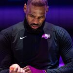 Jan 28, 2025; Philadelphia, Pennsylvania, USA; Los Angeles Lakers forward LeBron James (23) before action against the Philadelphia 76ers at Wells Fargo Center.