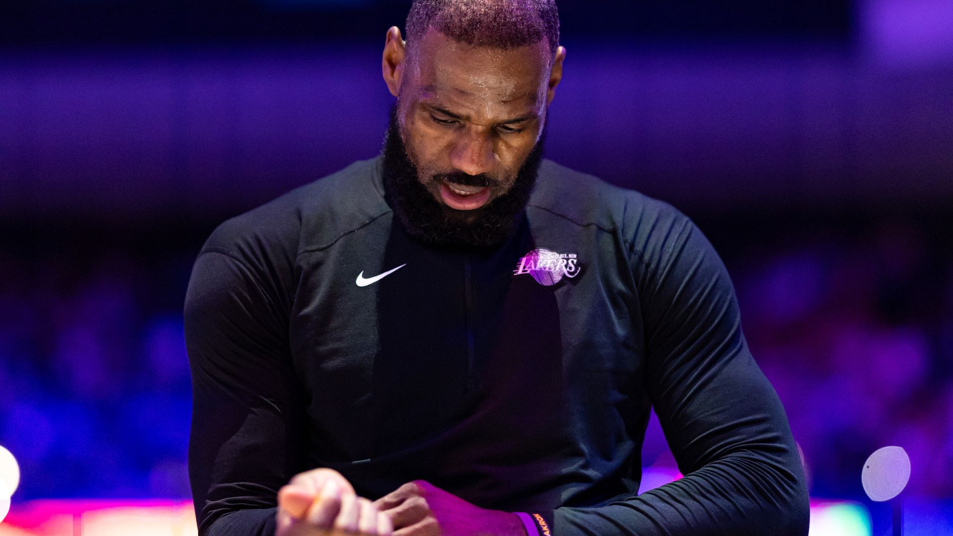 Jan 28, 2025; Philadelphia, Pennsylvania, USA; Los Angeles Lakers forward LeBron James (23) before action against the Philadelphia 76ers at Wells Fargo Center.