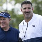 New England Patriots head coach Bill Belichick, left, shares a laugh with Tennessee Titans head coach Mike Vrabel after a joint training camp practice at Saint Thomas Sports Park Aug. 14, 2019 in Nashville. Nas Titans 8 14 Observations 030
