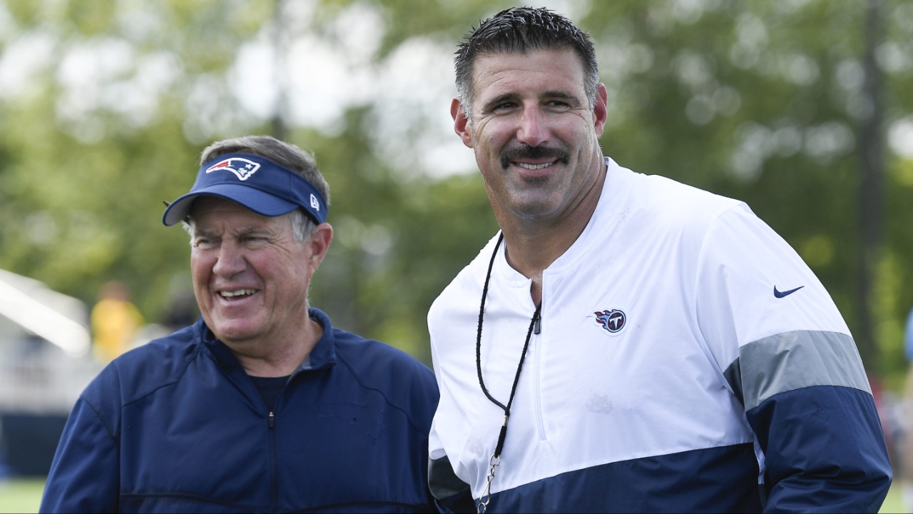 New England Patriots head coach Bill Belichick, left, shares a laugh with Tennessee Titans head coach Mike Vrabel after a joint training camp practice at Saint Thomas Sports Park Aug. 14, 2019 in Nashville. Nas Titans 8 14 Observations 030