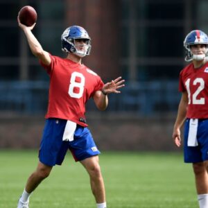 New York Giants quarterback draft pick Daniel Jones (8) passes the ball during a drill during rookie minicamp at Quest Diagnostics Training Center.