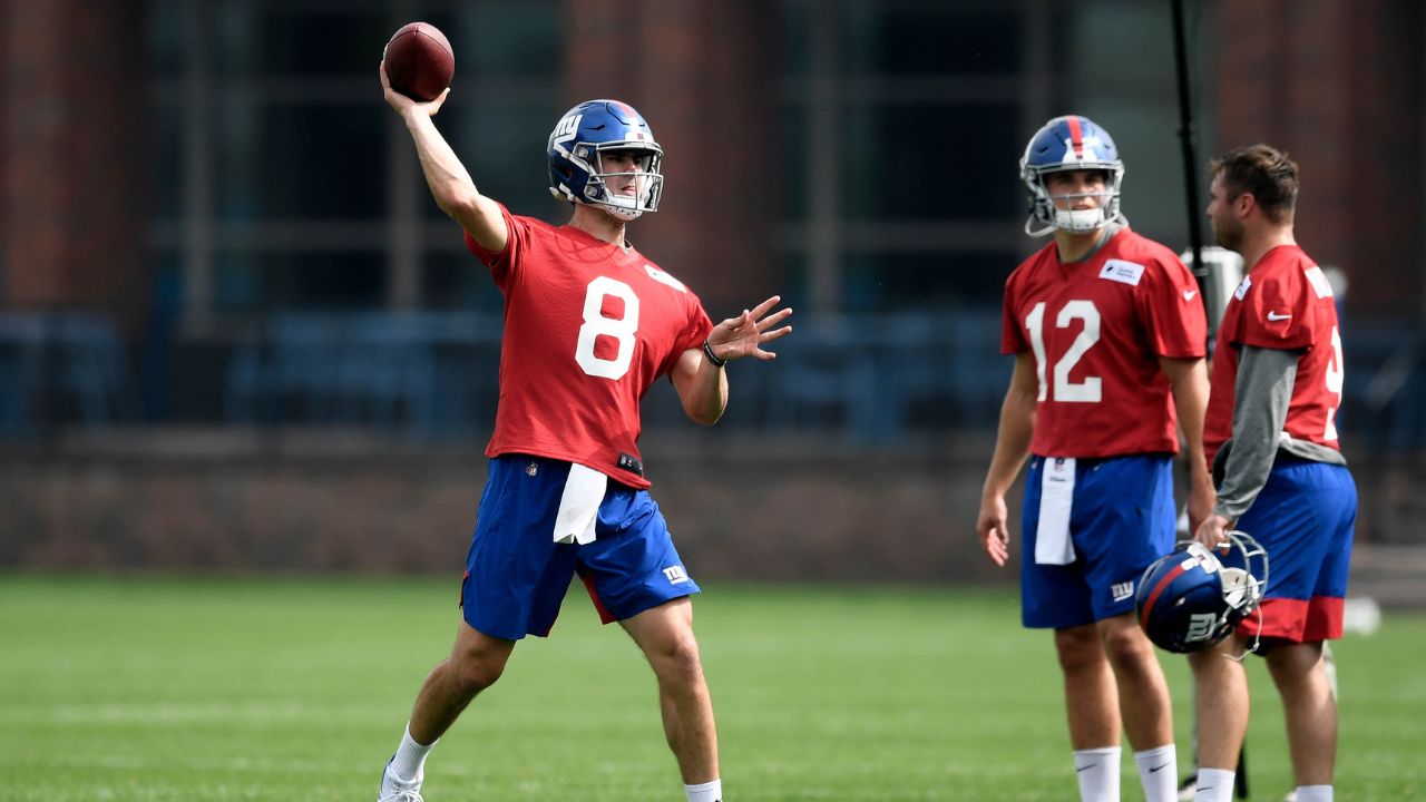 New York Giants quarterback draft pick Daniel Jones (8) passes the ball during a drill during rookie minicamp at Quest Diagnostics Training Center.