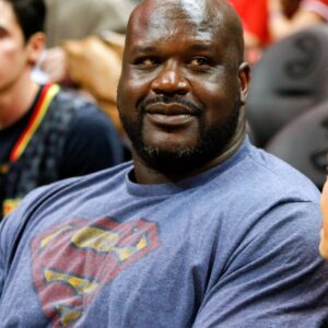 Mar 10, 2017; Atlanta, GA, USA; NBA former player Shaquille O'Neal watches a game between the Atlanta Hawks and Toronto Raptors in the third quarter at Philips Arena. The Hawks won 105-99.