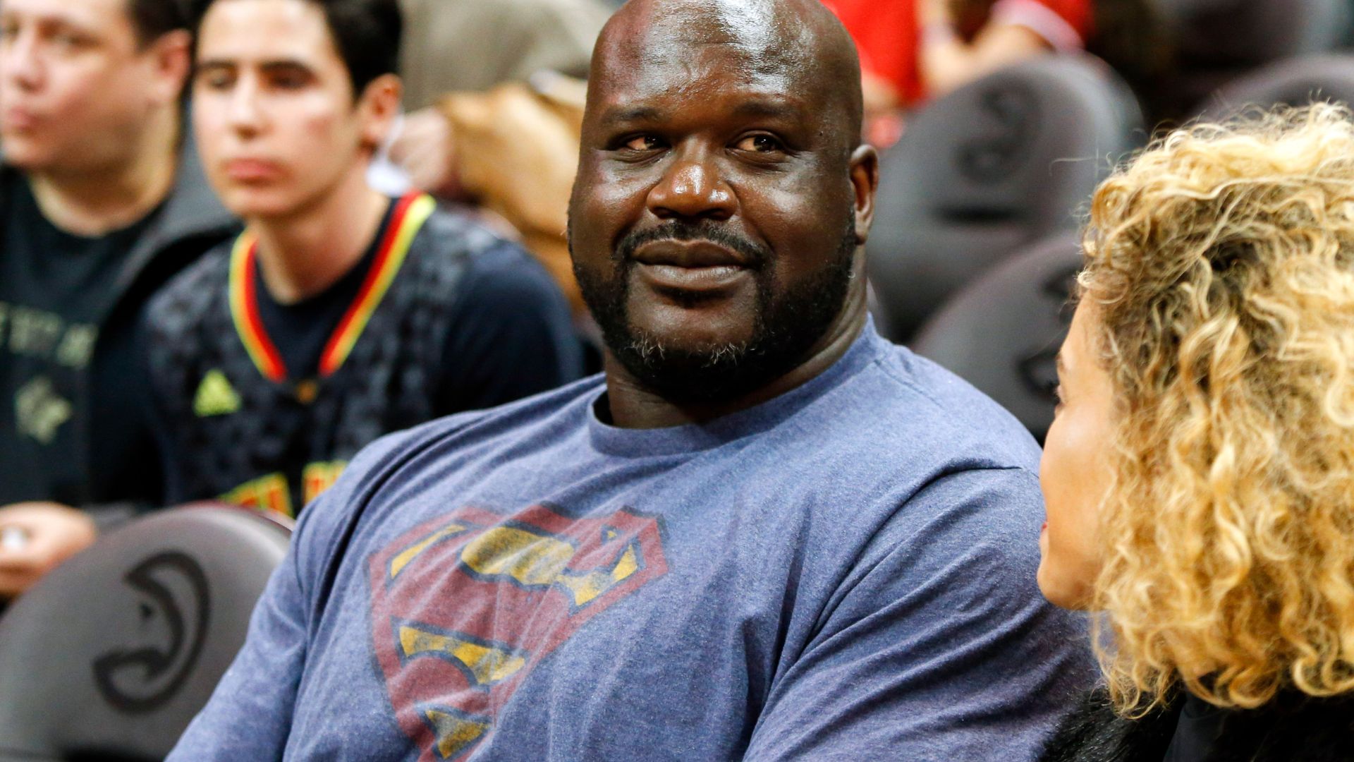 Mar 10, 2017; Atlanta, GA, USA; NBA former player Shaquille O'Neal watches a game between the Atlanta Hawks and Toronto Raptors in the third quarter at Philips Arena. The Hawks won 105-99.