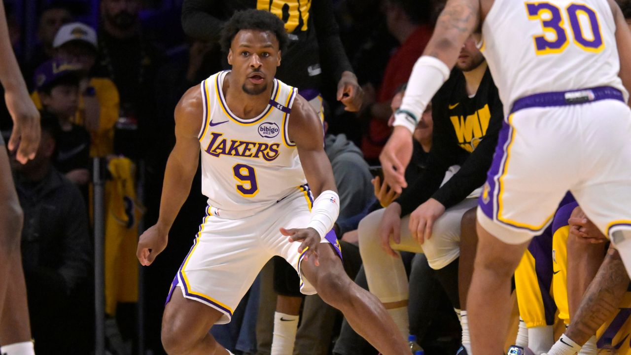 Los Angeles Lakers guard Bronny James (9) defends on the court in the second half against the Minnesota Timberwolves at Crypto.com Arena.