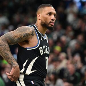Milwaukee Bucks guard Damian Lillard (0) looks on in the first quarter during game four against the Indiana Pacers of first round for the 2024 NBA Playoffs at Fiserv Forum. Lillard left the game early in the in the first quarter with an injury.