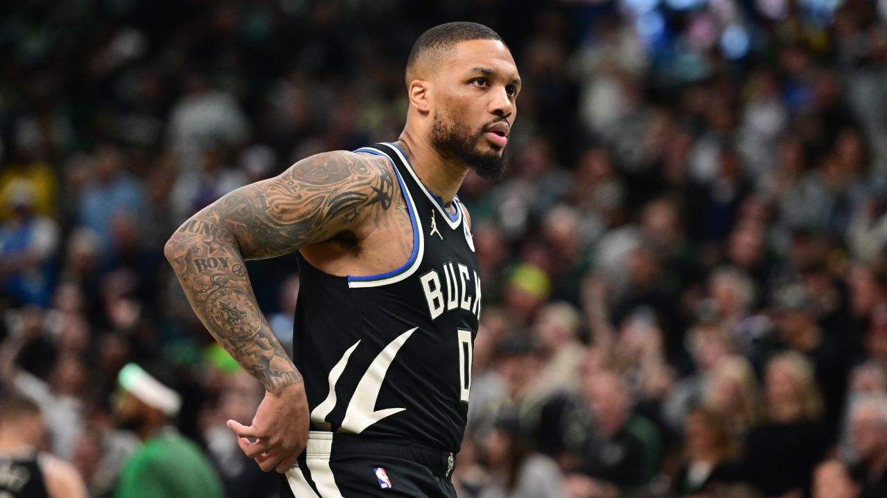 Milwaukee Bucks guard Damian Lillard (0) looks on in the first quarter during game four against the Indiana Pacers of first round for the 2024 NBA Playoffs at Fiserv Forum. Lillard left the game early in the in the first quarter with an injury.