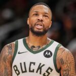 Mar 4, 2025; Atlanta, Georgia, USA; Milwaukee Bucks guard Damian Lillard (0) shown with his eye swollen after being injured earlier in the game against the Atlanta Hawks during the second half at State Farm Arena.