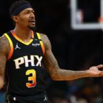 Apr 9, 2025; Phoenix, Arizona, USA; Phoenix Suns guard Bradley Beal (3) reacts against the Oklahoma City Thunderduring the first half at Footprint Center.
