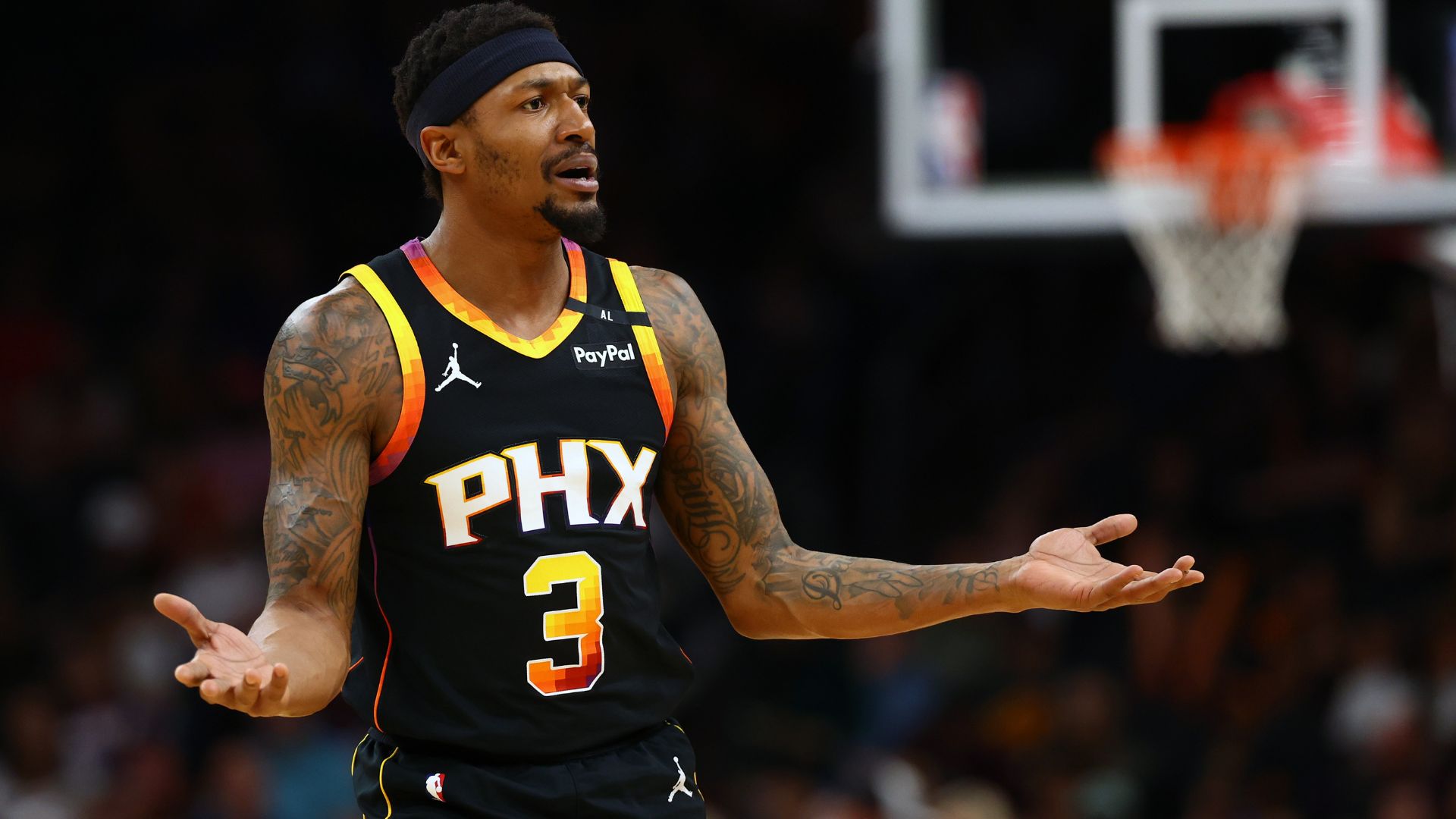 Apr 9, 2025; Phoenix, Arizona, USA; Phoenix Suns guard Bradley Beal (3) reacts against the Oklahoma City Thunderduring the first half at Footprint Center.
