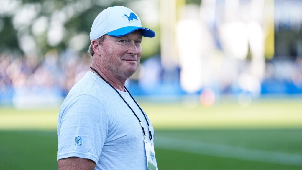 Jon Gruden watches practice during training camp at Meijer Performance Center in Allen Park on Monday, July 28, 2025.