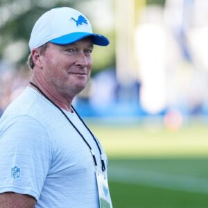 Jon Gruden watches practice during training camp at Meijer Performance Center in Allen Park on Monday, July 28, 2025.