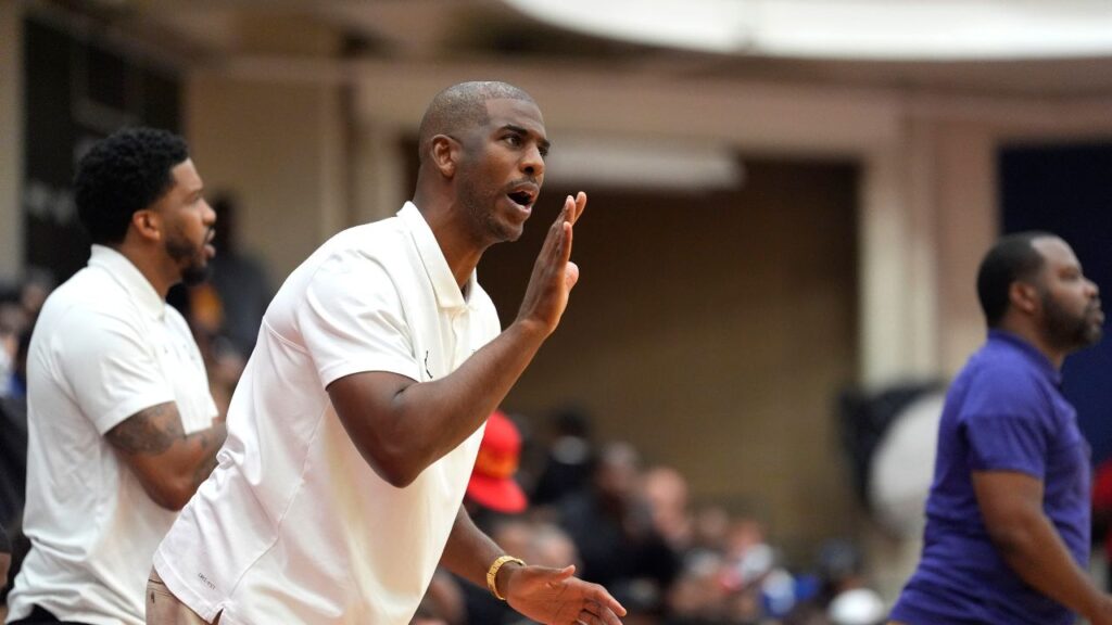 NBA star Chris Paul helps coach Team CP3 during the Team Why Not and Team CP3 game at the Nike EYBL Peach Jam at Riverview Park Activity Center. Team Why Not won 66-63.