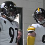 Pittsburgh Steelers defensive tackle Cameron Heyward (97) and linebacker T.J. Watt (90) in the tunnel against the Philadelphia Eagles at Lincoln Financial Field.