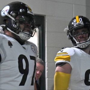Pittsburgh Steelers defensive tackle Cameron Heyward (97) and linebacker T.J. Watt (90) in the tunnel against the Philadelphia Eagles at Lincoln Financial Field.