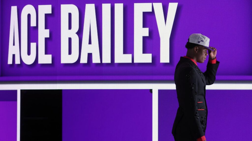 Ace Bailey looks on after being selected as the fifth pick by the Utah in the first round of the 2025 NBA Draft at Barclays Center.