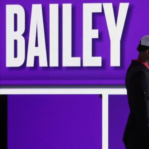 Ace Bailey looks on after being selected as the fifth pick by the Utah in the first round of the 2025 NBA Draft at Barclays Center.