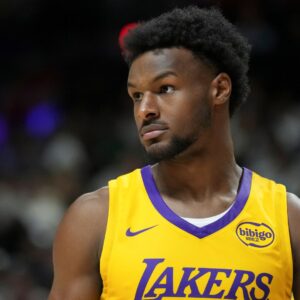 Jul 10, 2025; Las Vegas, NV, USA; Los Angeles Lakers guard Bronny James (9) looks on in the fourth quarter against the Dallas Mavericks at Thomas & Mack Center