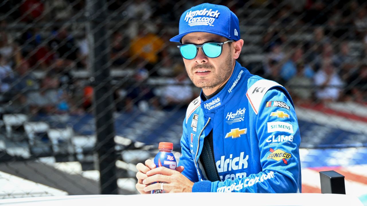 NASCAR Cup Series driver Kyle Larson (5) rides in a truck Sunday, July 27, 2025, ahead of the Brickyard 400 at Indianapolis Motor Speedway.