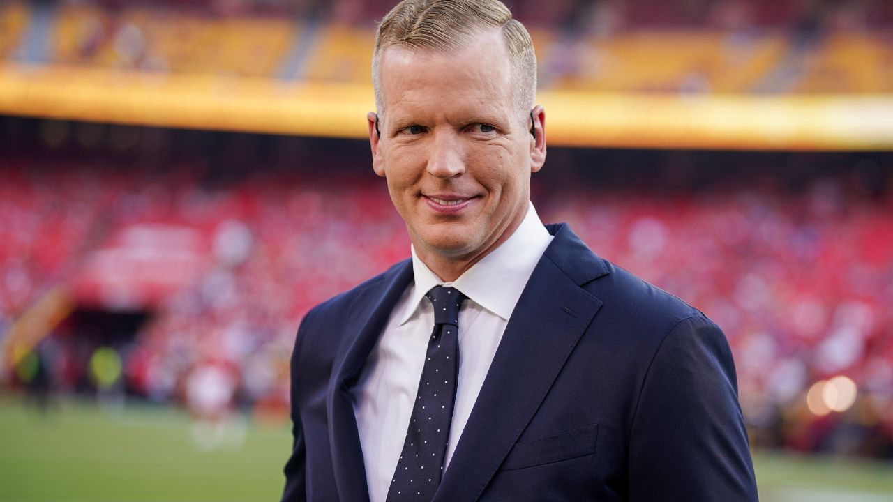 NBC Sports analyst Chris Simms on field prior to a game between the Kansas City Chiefs and Detroit Lions at GEHA Field at Arrowhead Stadium.