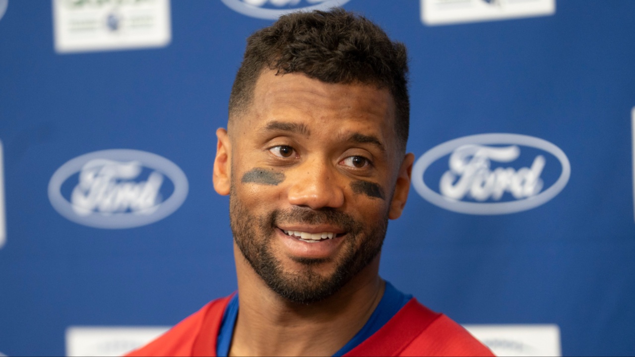 New York Giants quarterback Russell Wilson (3) speaks during a press conference during day one of the New York Giants training camp at Quest Diagnostics Giants Training Center in East Rutherford on Wednesday, July 23, 2025.