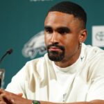 Philadelphia Eagles quarterback Jalen Hurts (1) addresses media during a press conference at NovaCare Complex.