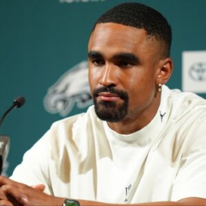 Philadelphia Eagles quarterback Jalen Hurts (1) addresses media during a press conference at NovaCare Complex.