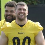 Pittsburgh Steelers defensive end Cameron Hayward (rear) and linebackers TJ Watt (90) and Alex Highsmith (56) participate in organized team activities at UPMC Rooney Sports Complex.