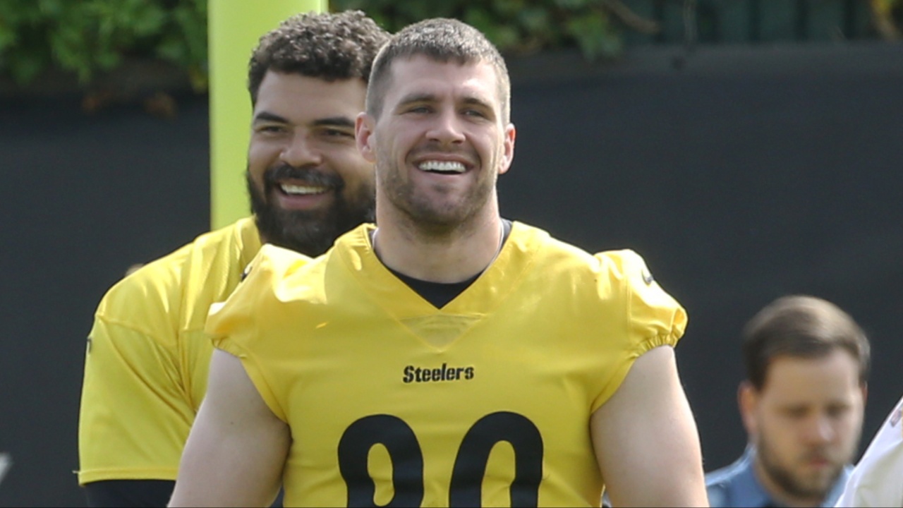 Pittsburgh Steelers defensive end Cameron Hayward (rear) and linebackers TJ Watt (90) and Alex Highsmith (56) participate in organized team activities at UPMC Rooney Sports Complex.