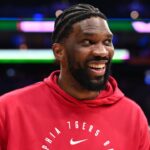 Philadelphia 76ers center Joel Embiid reacts after the game against the Minnesota Timberwolves at Wells Fargo Center.