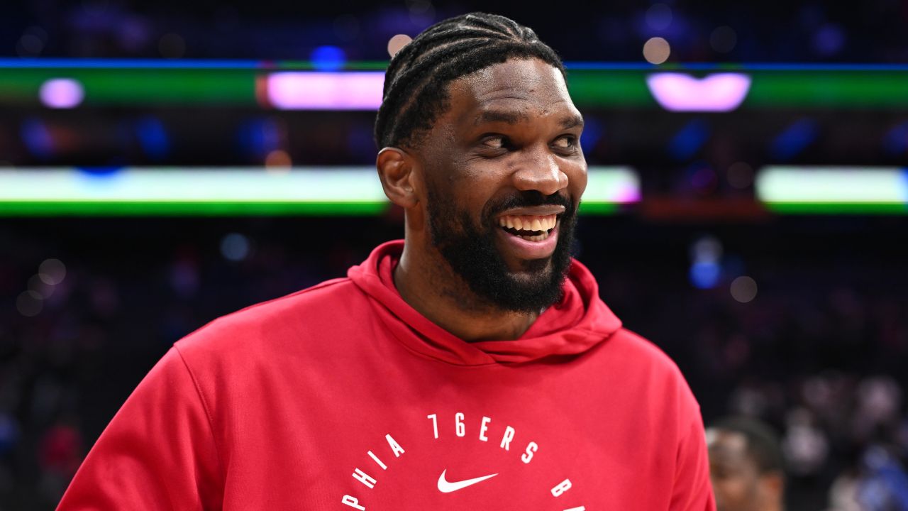 Philadelphia 76ers center Joel Embiid reacts after the game against the Minnesota Timberwolves at Wells Fargo Center.