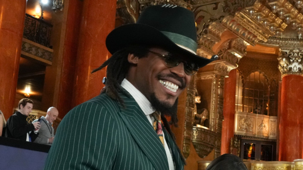 Apr 25, 2024; Detroit, MI, USA; Former NFL quarterback Cam Newton stands on the red carpet ahead of the 2024 NFL Draft at Detroit’s Fox Theatre.