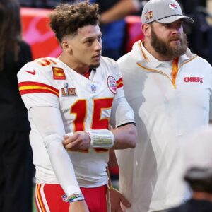 Kansas City Chiefs quarterback Patrick Mahomes (15) walks off the field after losing against the Philadelphia Eagles in Super Bowl LIX at Caesars Superdome.