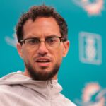 Miami Dolphins head coach Mike McDaniel talks to reporters before practice during mandatory minicamp at Hard Rock Stadium.