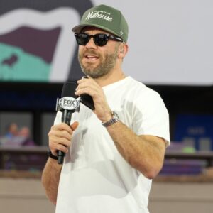 Julian Edelman on the Fox Super Bowl LIX set at Caesars Superdome.