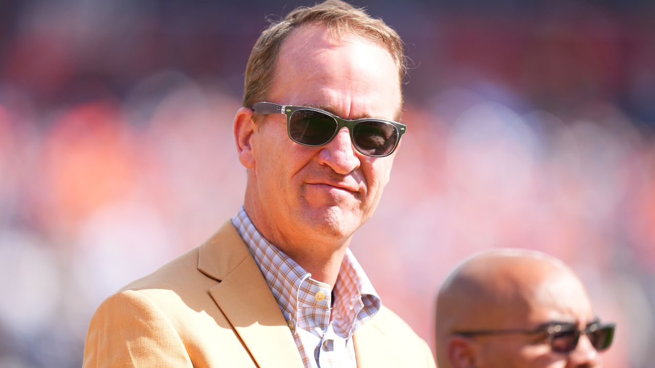 American former football player Peyton Manning before the game against the Las Vegas Raiders at Empower Field at Mile High.