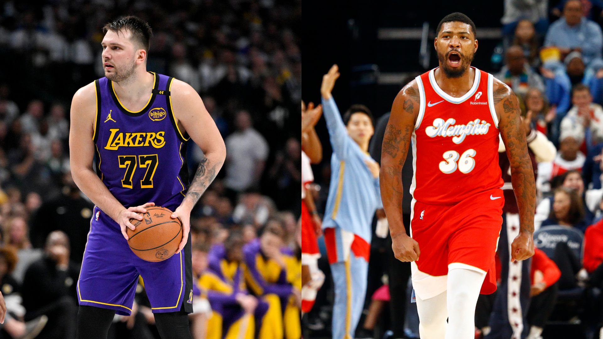 Luka Doncic (L) and Marcus Smart (R)