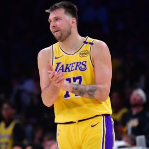 Los Angeles Lakers guard Luka Doncic (77) reacts during the second half in game five of first round for the 2025 NBA Playoffs at Crypto.com Arena.