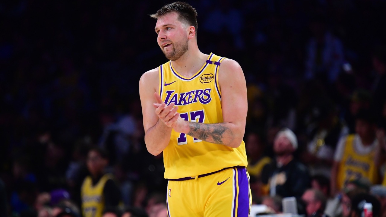 Los Angeles Lakers guard Luka Doncic (77) reacts during the second half in game five of first round for the 2025 NBA Playoffs at Crypto.com Arena.