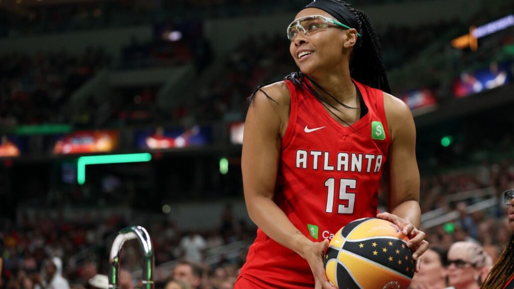 Atlanta Dream guard Allisha Gray competes in the final round of the three-point contest during the 2025 WNBA All Star Skills Challenge at Gainbridge Fieldhouse.