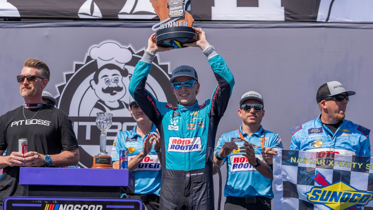 NASCAR Xfinity Series driver Connor Zilisch (88) celebrates after winning the NASCAR Xfinity Series at Sonoma Raceway.