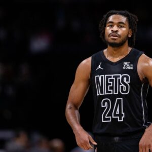 Brooklyn Nets guard Cam Thomas (24) looks on during a break against the Charlotte Hornets during the second quarter at Spectrum Center.
